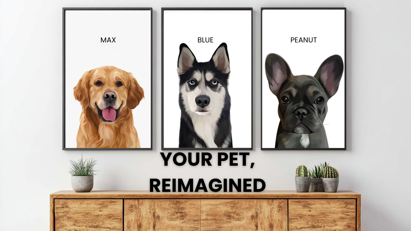 golden retriever, husky, and french bulldog framed
