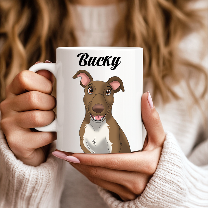 bucky the brown mixed dog printed on a white mug